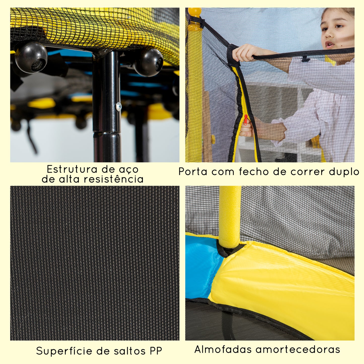 ZONEKIZ Trampolim Infantil Ø140 cm Trampolim para Crianças de 1-10 Anos com Rede de Segurança e 3 Pés de Aço em Forma de U Carga Máxima 50 kg para Interior Ø140x113 cm Amarelo