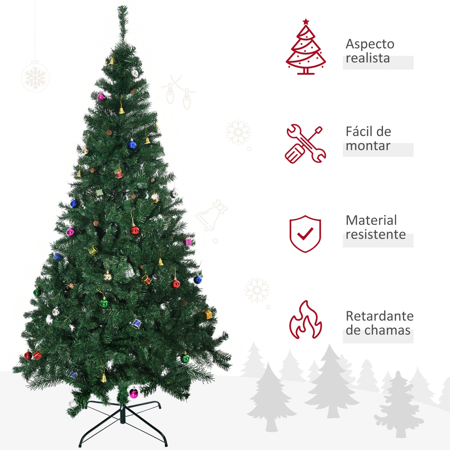 HOMCOM Árvore de Natal Artificial 210cm Ignífugo com 1036 Ramos 53 Decorações Folhas de PVC e Suporte Metálico Decoração de Natal para Interior Verde