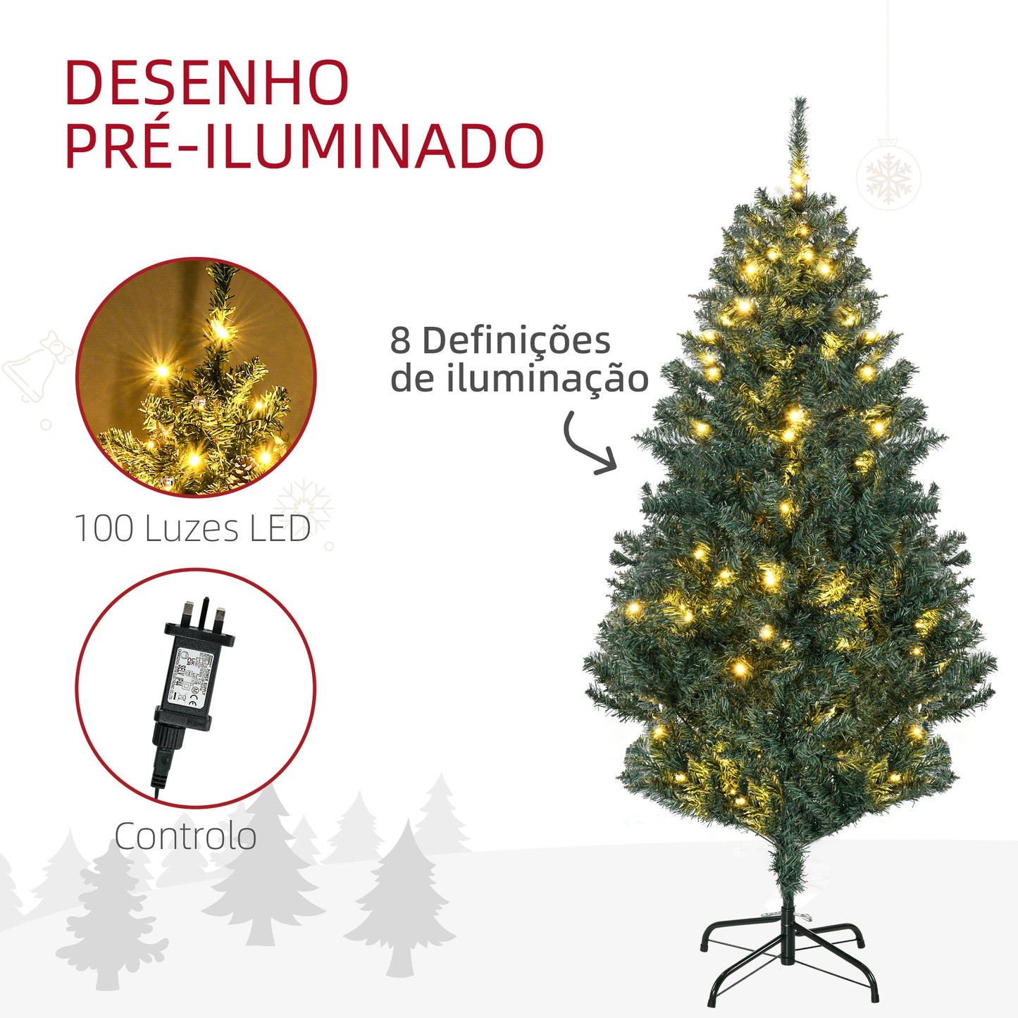 HOMCOM Árvore de Natal Artificial 150 cm com 100 Luzes LED Árvore de Natal com 472 Ramos e 80 Decorações para Interior Aço Ø91x150 cm Verde