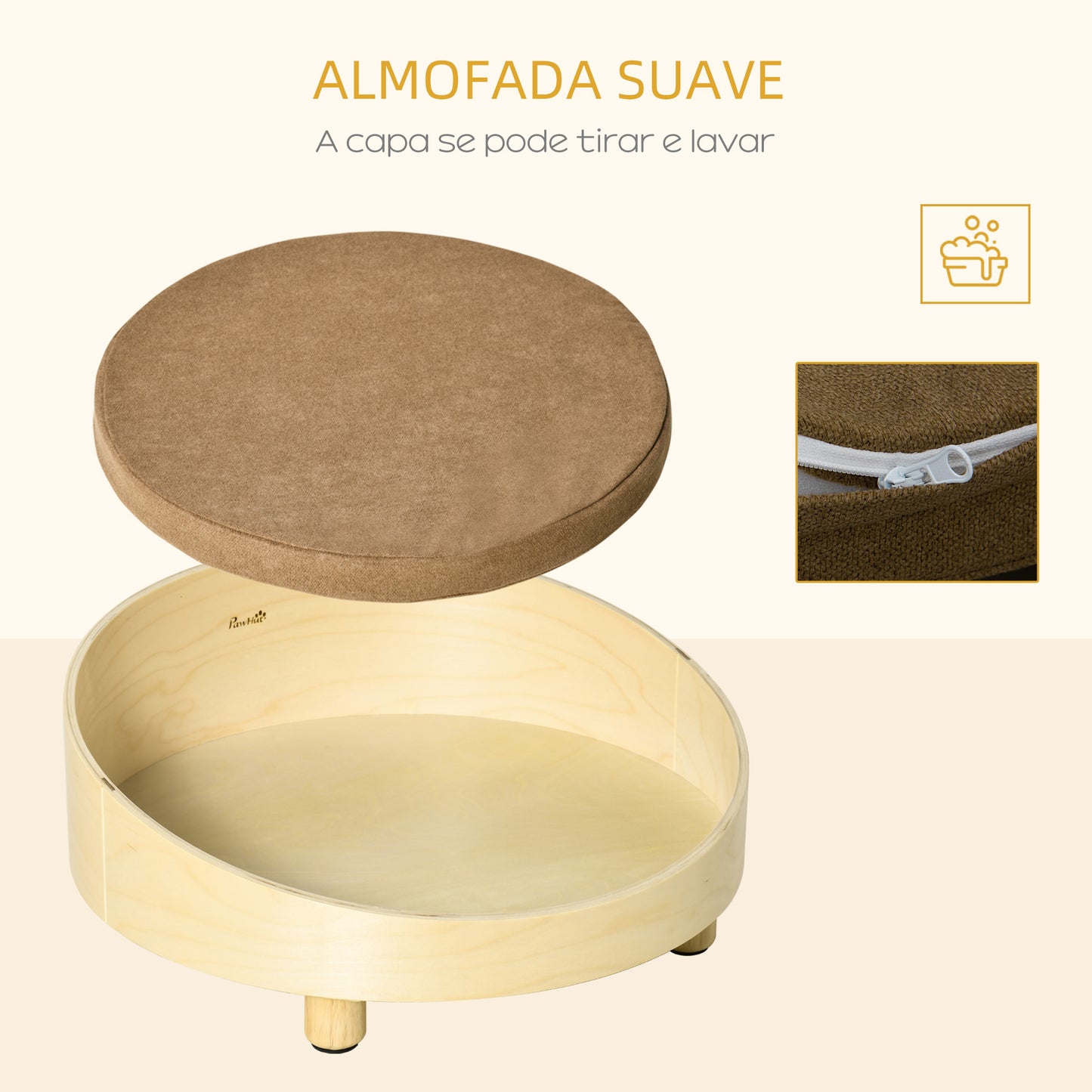 PawHut Cama de Madeira para Cães Gatos Sofá Redondo para Animais de Estimação Pequenos com Almofada Acolchoada Removível e Pés Elevados Ø59x23,5cm Natural