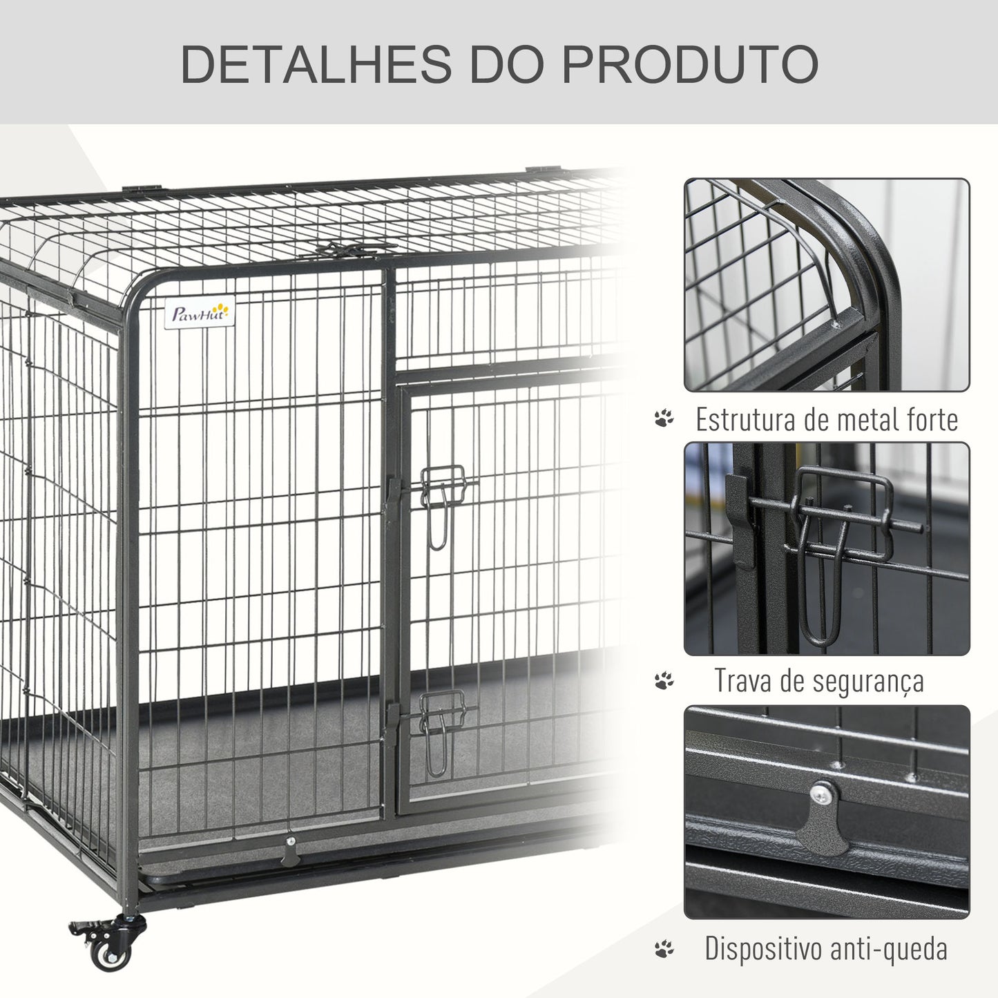 PawHut Gaiola dobrável de metal com rodas e freios Bandeja removível e porta com travas125x76x81 cm Cinza escuro