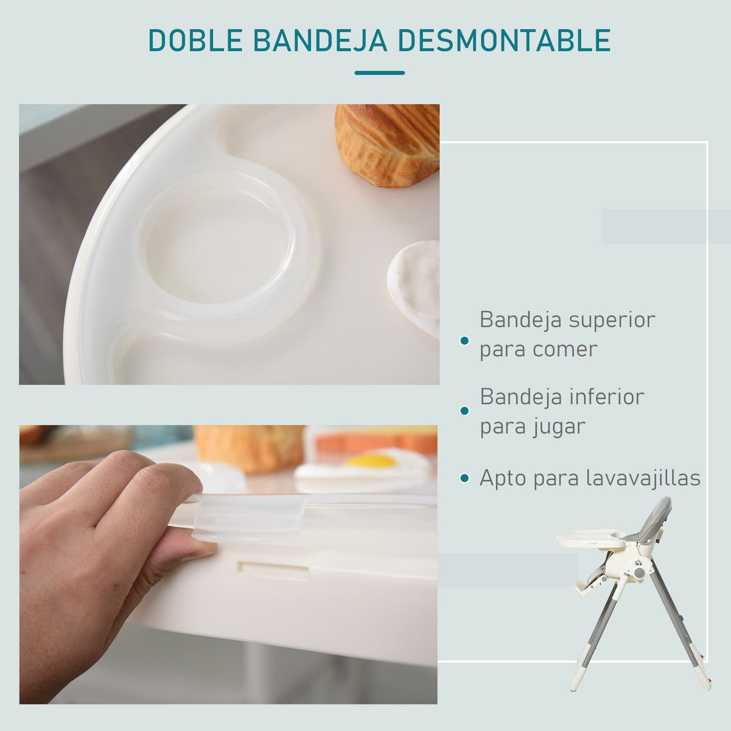 HOMCOM Cadeira de refeição ajustável e dobrável para bebê acima de 6 meses com bandeja dupla Cadeira de refeição portátil Reclinável com 2 rodas e freios 55x80x104 cm Cinza