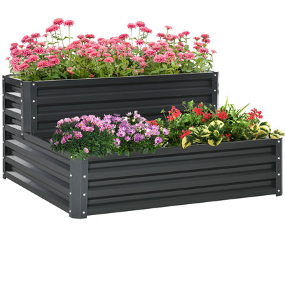 Outsunny Caixa de Plantio de 2 Níveis Floreira Exterior de Aço com Desenho de Escada para Cultivos de Plantas Ervas Flores para Varanda Jardim 120x101x58 cm Cinza Escuro