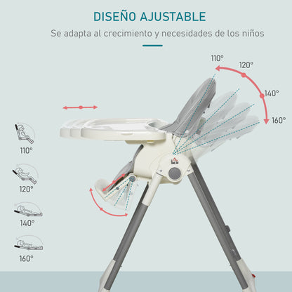 HOMCOM Cadeira de refeição ajustável e dobrável para bebê acima de 6 meses com bandeja dupla Cadeira de refeição portátil Reclinável com 2 rodas e freios 55x80x104 cm Cinza