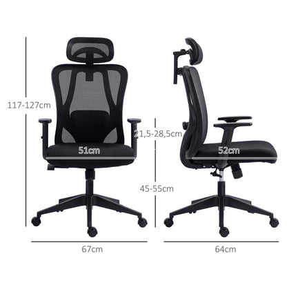 Vinsetto Cadeira de Escritório com Apoio para os Braços 2D Cadeira de Escritório com Altura Ajustável Apoio para a Cabeça Suporte Lombar Alto 67x64x117-127cm Preto