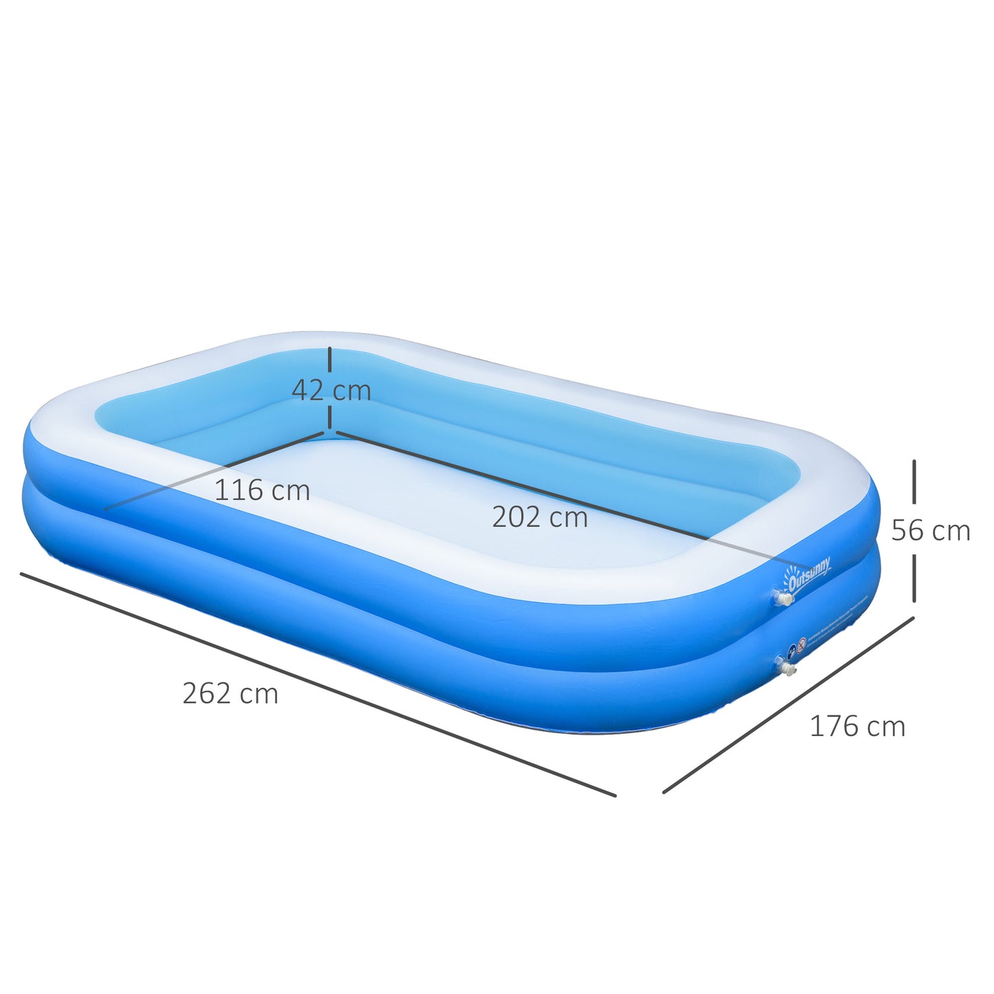 Outsunny Piscina Inflável Retangular 1300 Litros 262x176x56cm para 1-2 Pessoas Piscina Insuflável para Adultos e Crianças para Jardim Pátio Exterior Azul