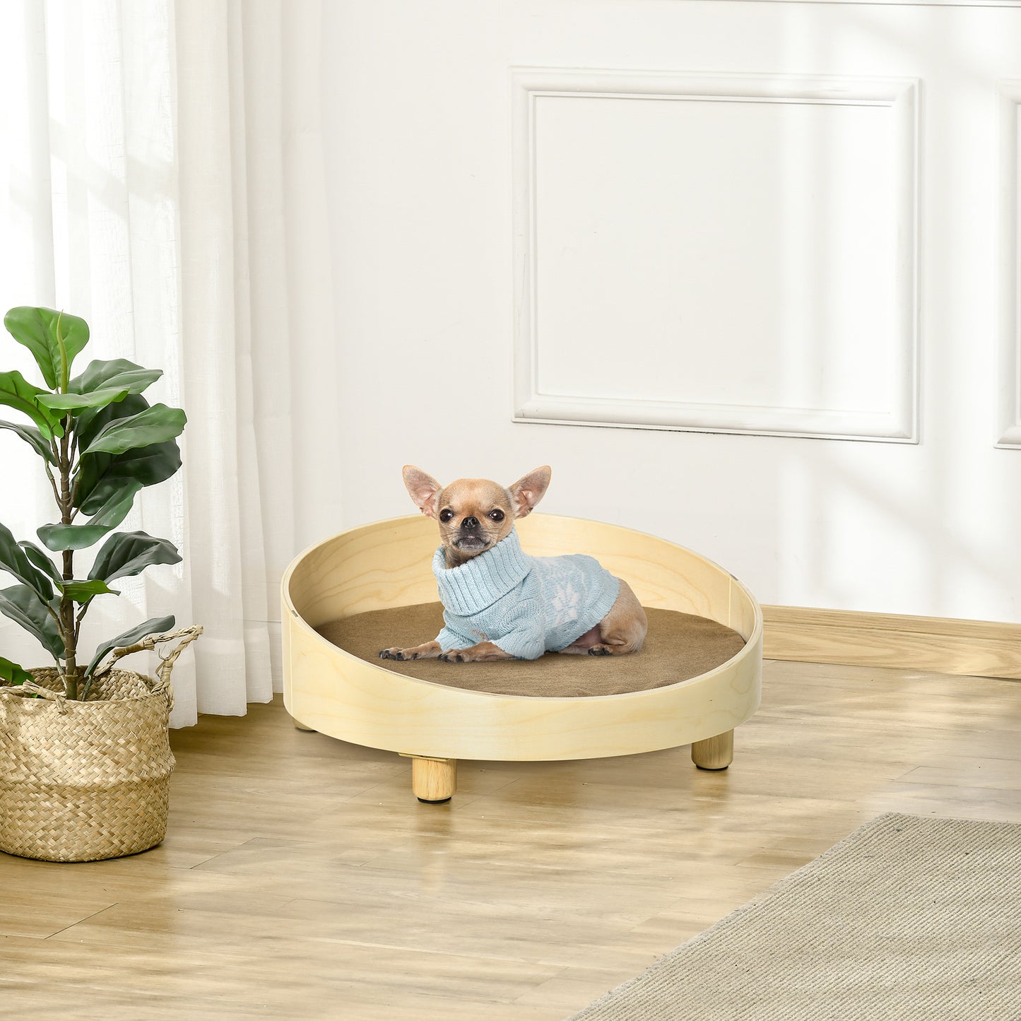 PawHut Cama de Madeira para Cães Gatos Sofá Redondo para Animais de Estimação Pequenos com Almofada Acolchoada Removível e Pés Elevados Ø59x23,5cm Natural