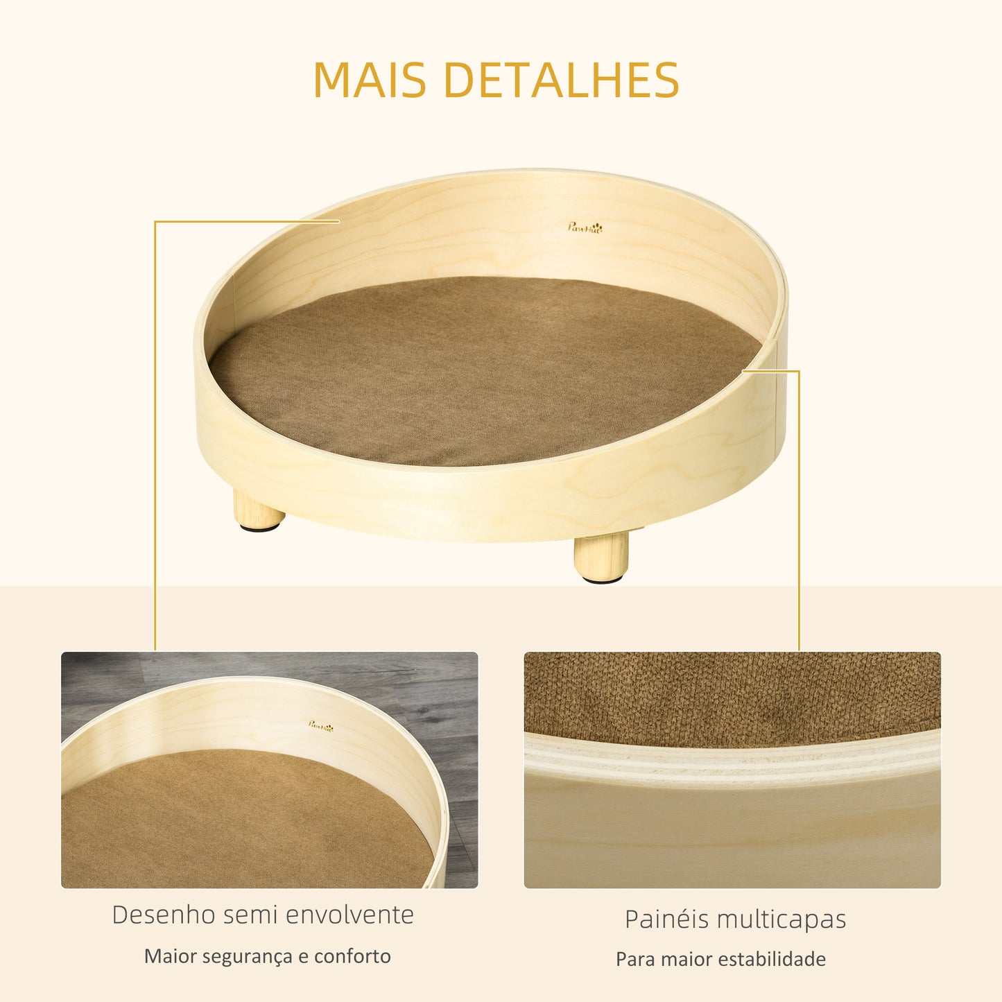 PawHut Cama de Madeira para Cães Gatos Sofá Redondo para Animais de Estimação Pequenos com Almofada Acolchoada Removível e Pés Elevados Ø59x23,5cm Natural