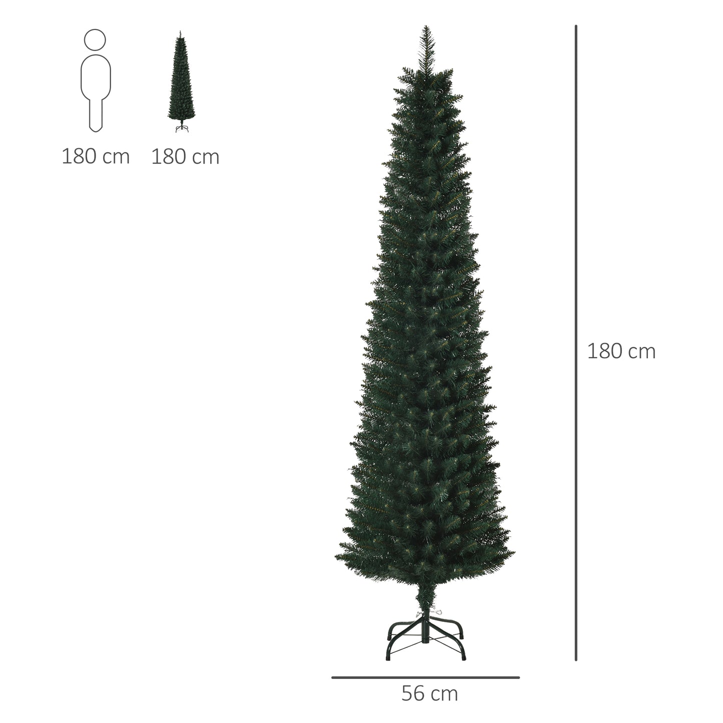 Árvore de Natal Artificial Altura 180cm com 380 Ramos de Folhas de PVC Ignífugos Base Dobrável e Suporte Metálico Decoração de Natal para Interiores Ø56x180cm Verde