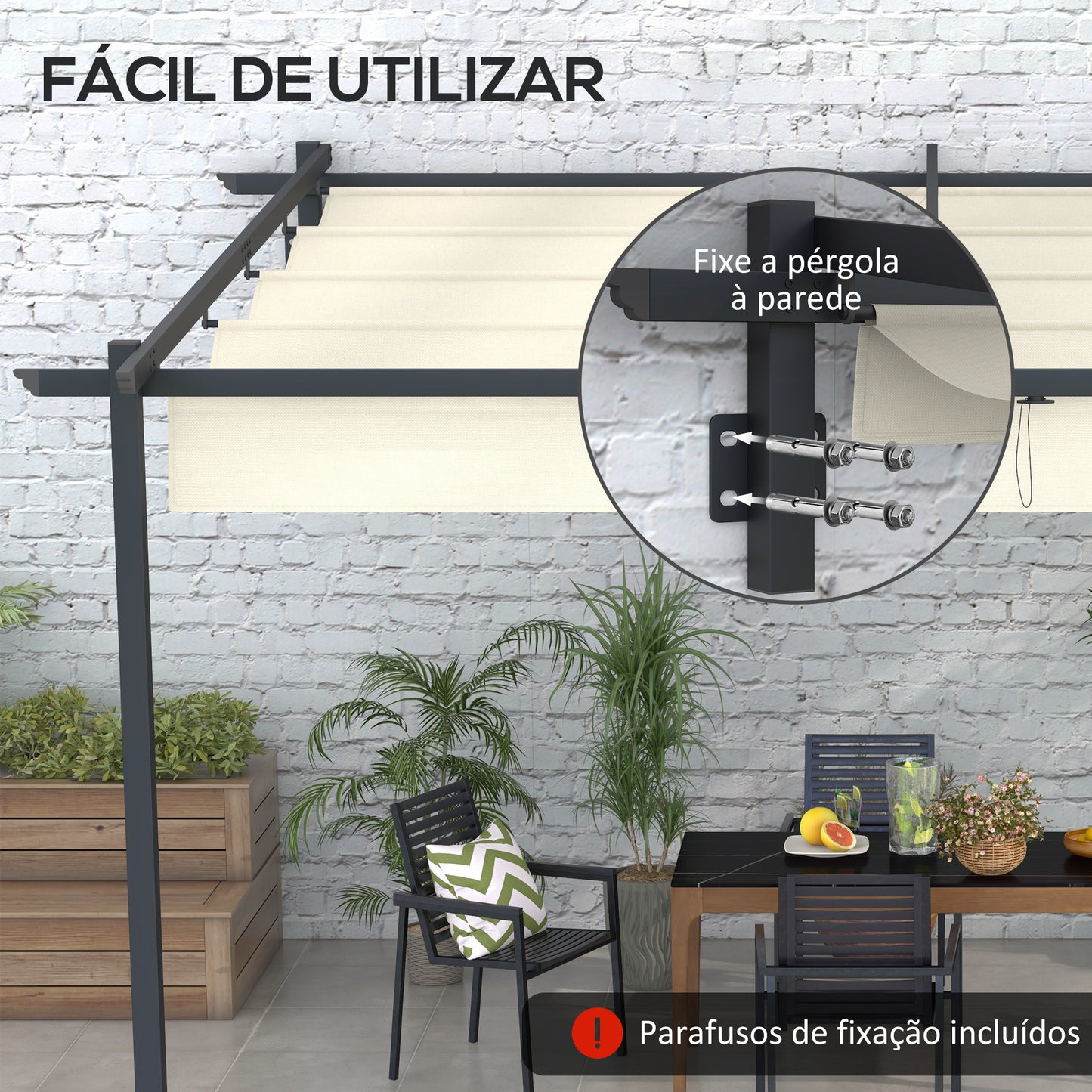 Outsunny Pérgola de Parede 4x3 m Pérgola de Jardim com Teto Retrátil de Poliéster e Estrutura de Aço para Festas Casamentos Creme e Cinza Escuro