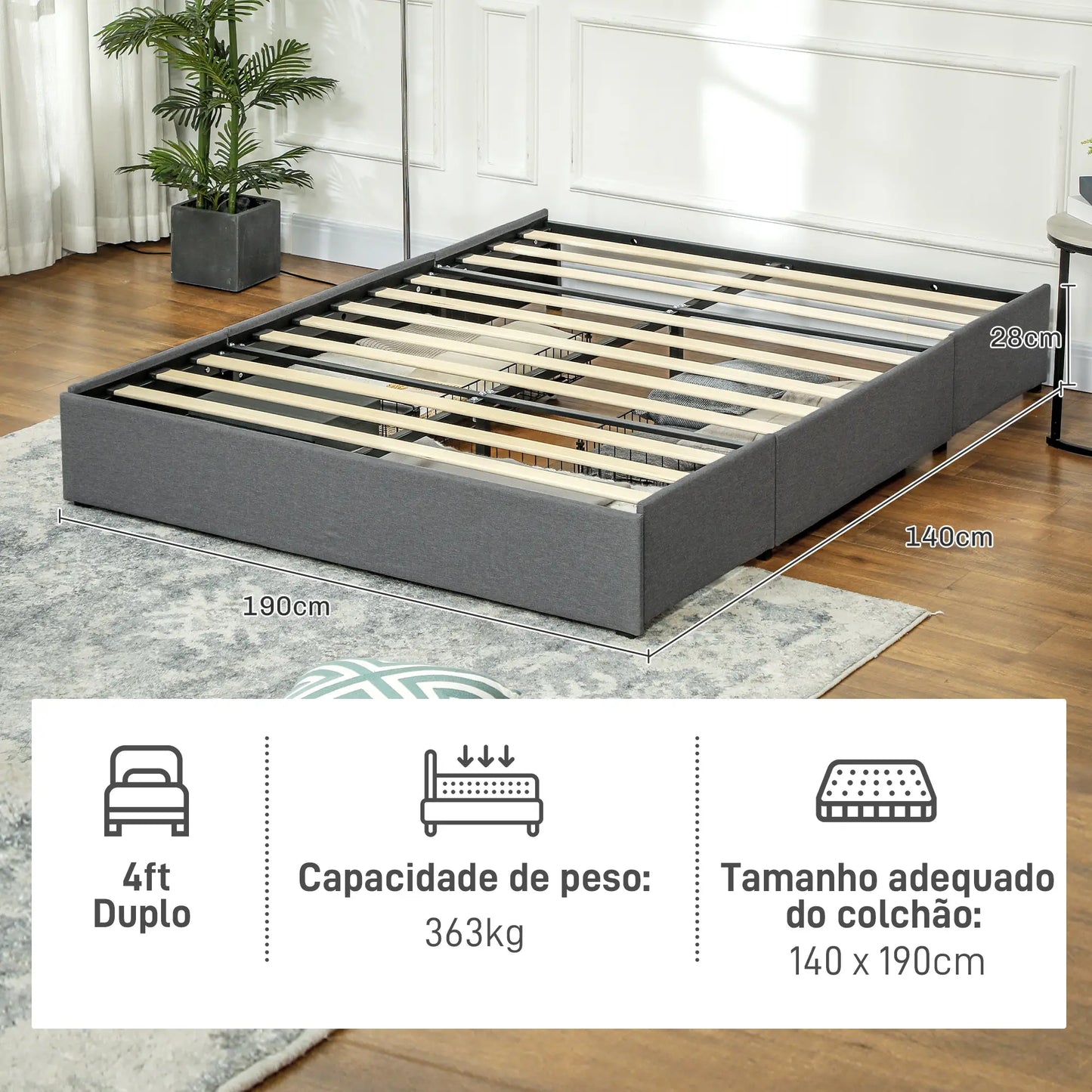 Estrutura de Cama de Casal "Storage" - 140x190 cm - Cinza - Design com Gavetas e Suporte Robusto