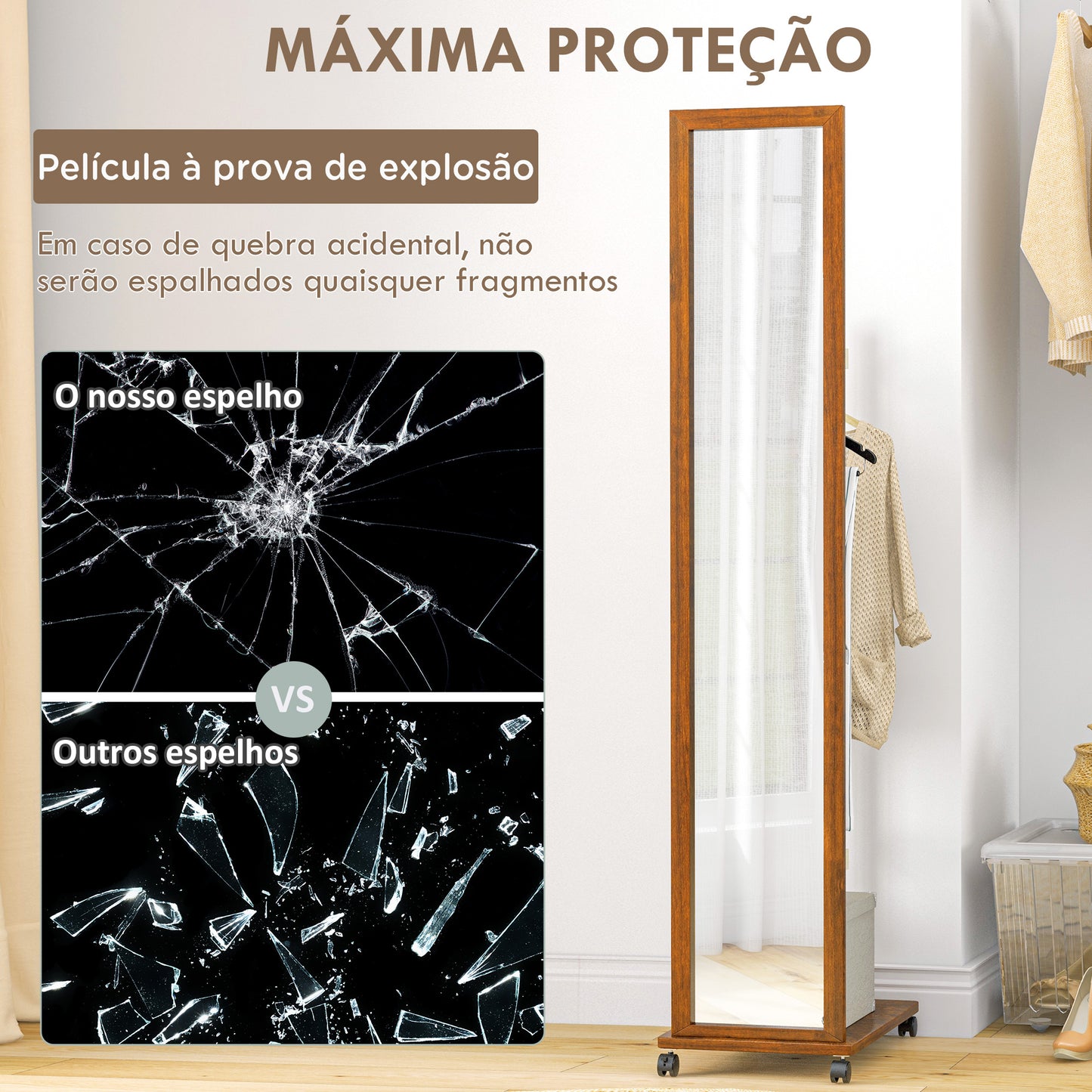 HOMCOM Espelho de Pé com Rodas Espelho de Corpo Inteiro com Barra para Pendurar Roupa e Prateleira Inferior para Dormitório Sala de Estar Corredor 35,5x49,5x167,8 cm Nogueira