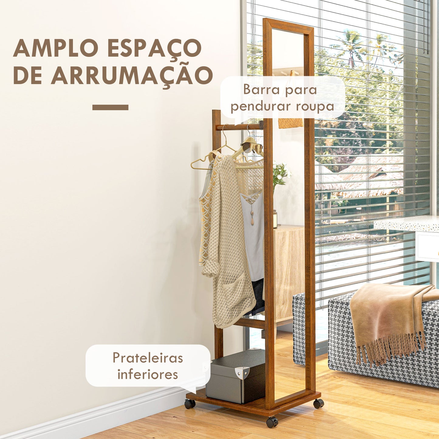 HOMCOM Espelho de Pé com Rodas Espelho de Corpo Inteiro com Barra para Pendurar Roupa e Prateleira Inferior para Dormitório Sala de Estar Corredor 35,5x49,5x167,8 cm Nogueira