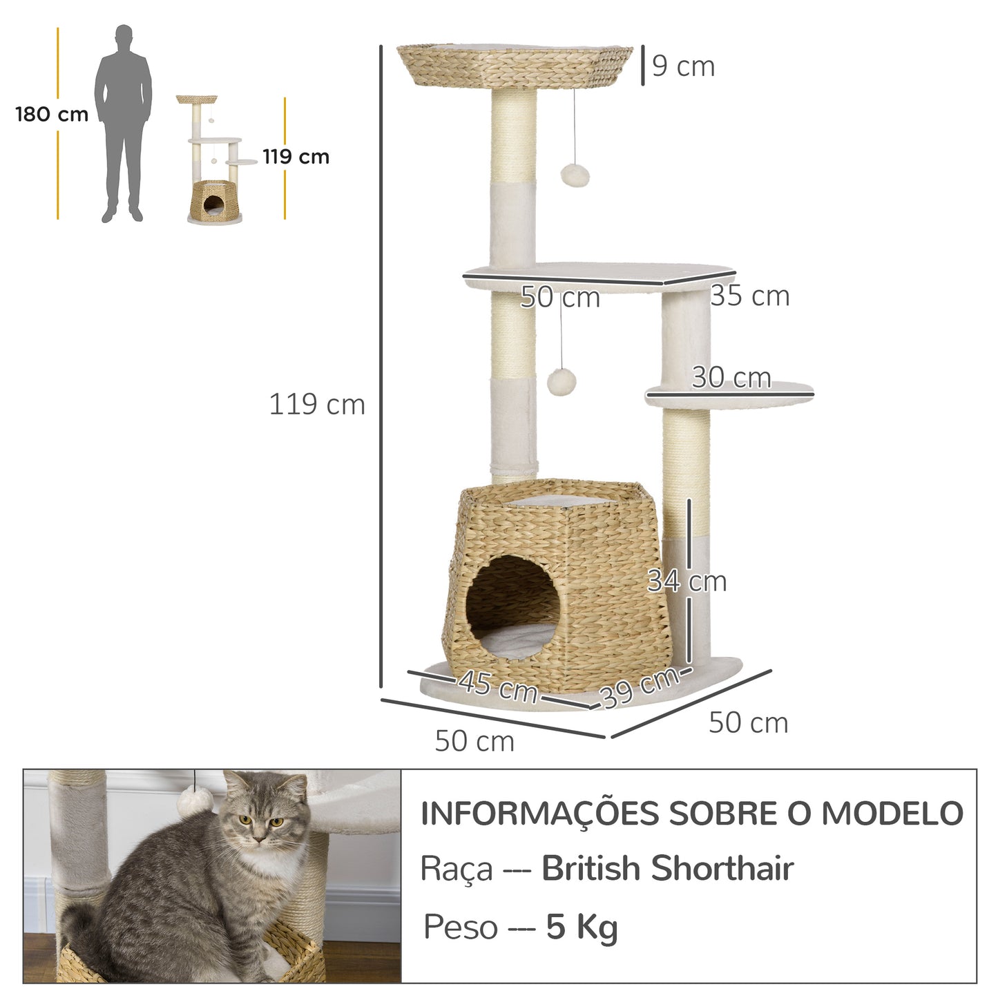 PawHut Árvore Arranhador para Gatos Médios Altura 119cm Torre para Gatos com Cama Superior Almofadas 2 Plataformas Poste de Sisal Caverna e Bolas Suspensas 50x50x119cm Bege e Creme