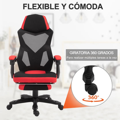 Vinsetto Cadeira de escritório ergonômica ajustável em altura giratória de 360 ° Reclinável até 135 graus comapoio de braços Apoio para os pés retrátil 58x72x108-118 cm Vermelho