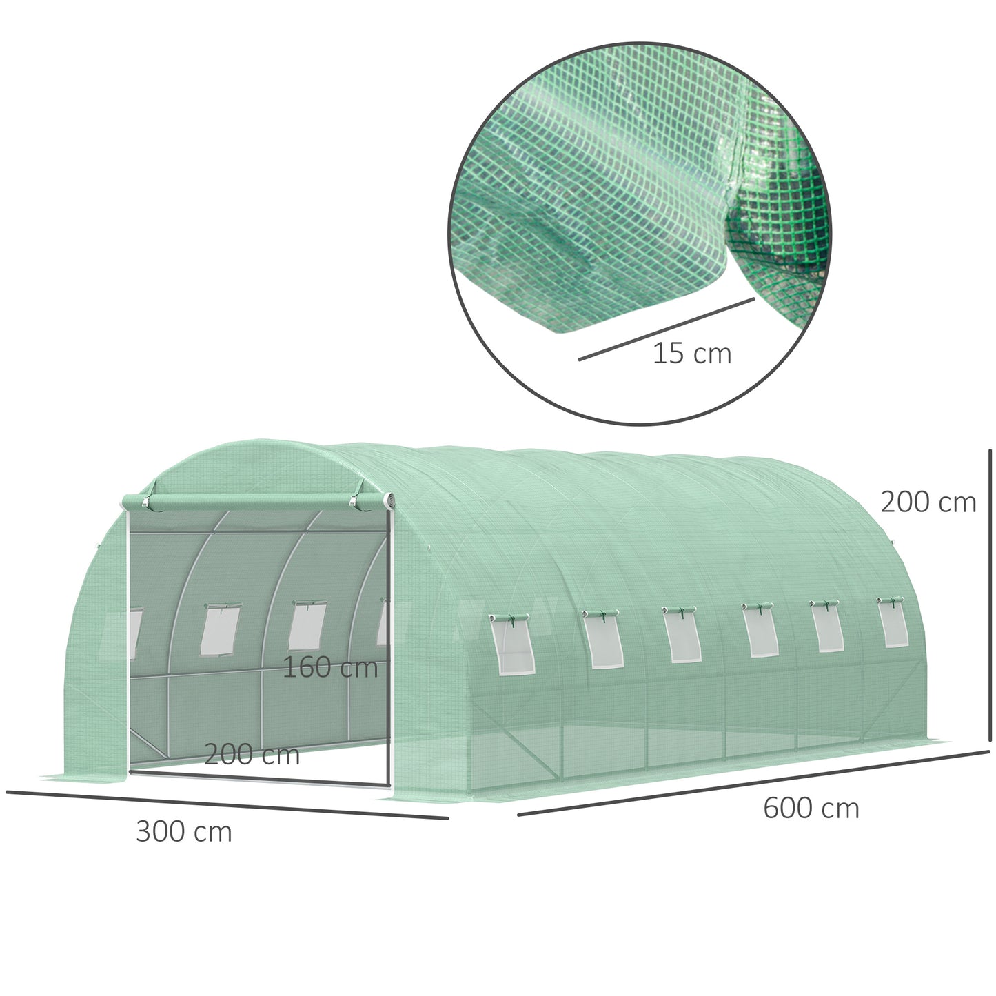 Outsunny Estufa Tipo Túnel 600x300x200 cm com Porta 12 Janelas Estufa de Jardim para Cultivo de Plantas e Verduras com Cobertura de PE 140g/㎡ Verde