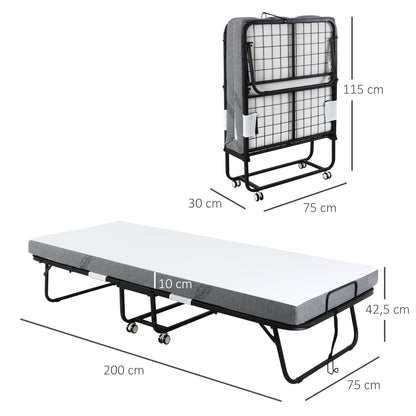 HOMCOM Cama Dobrável 200x75x42,5cm Cama de Campismo Portátil com Colchão Individual Rodas e Freios Carga Máxima 150kg para Dormitórios Branco