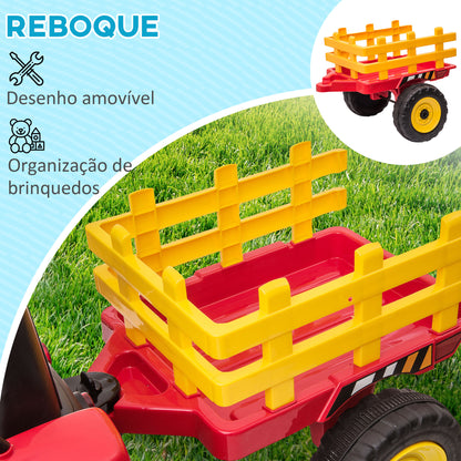 HOMCOM Trator Elétrico com Reboque Amovível Carro Elétrico para Crianças 3-6 Anos com Controlo Remoto Música MP3 Luzes e Cinto de Segurança 136,5x50x52,5 cm Vermelho