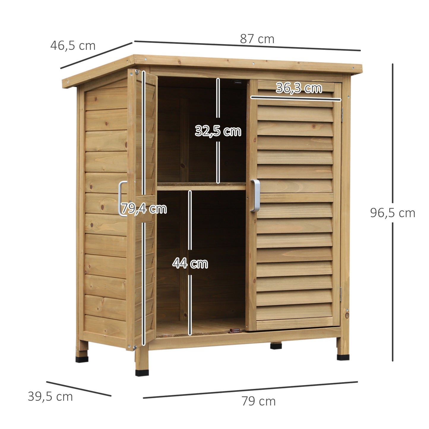 Outsunny Armário de Armazenamento de Madeira para Jardim com 2 Prateleiras Interiores 2 Portas e Teto Inclinado para Exterior Terraço 87x46,5x96,5cm Natural