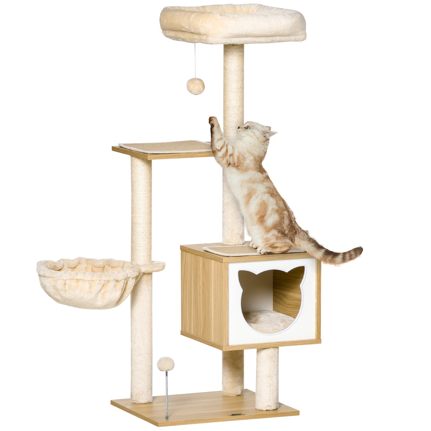 PawHut Árvore Arranhador para Gatos com Plataforma Altura 126 cm Torre de Escalar para Gatos com Rede Caverna Cama Postes de Sisal e Bolas de Brincar 48x40x126 cm Bege