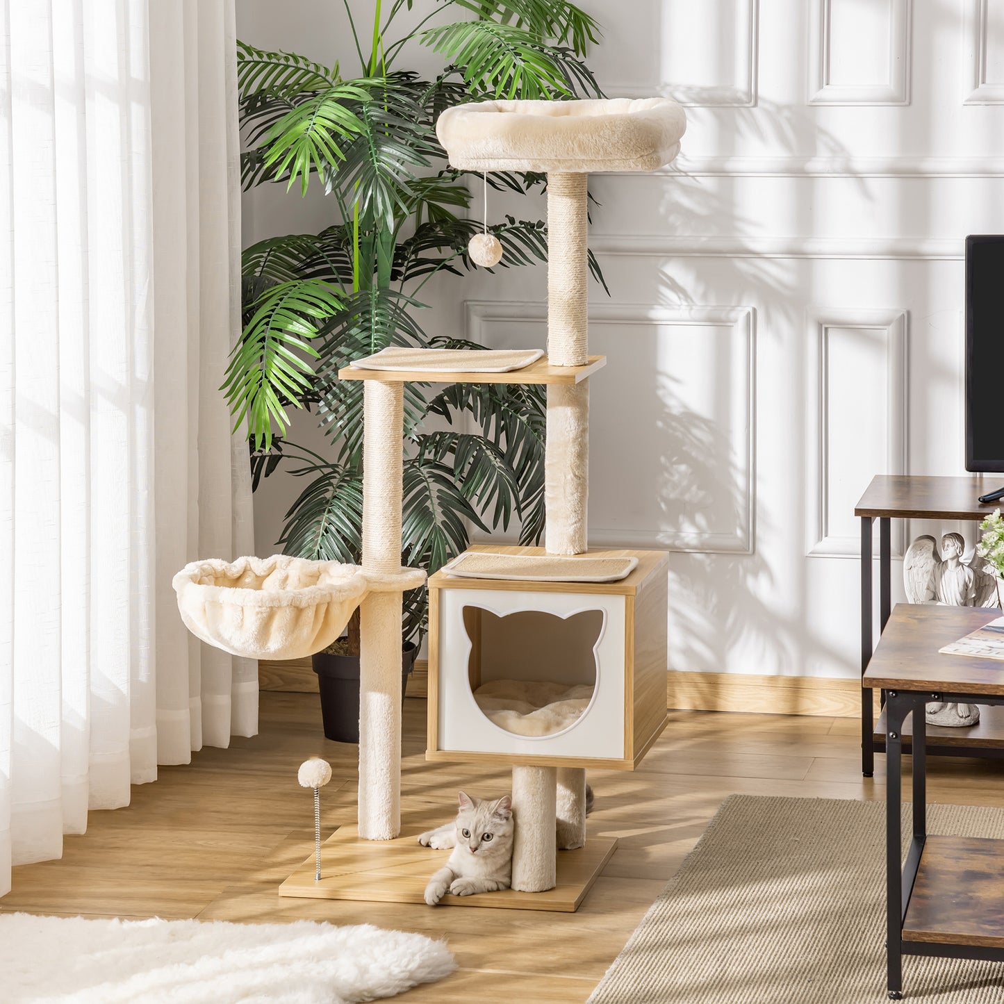 PawHut Árvore Arranhador para Gatos com Plataforma Altura 126 cm Torre de Escalar para Gatos com Rede Caverna Cama Postes de Sisal e Bolas de Brincar 48x40x126 cm Bege