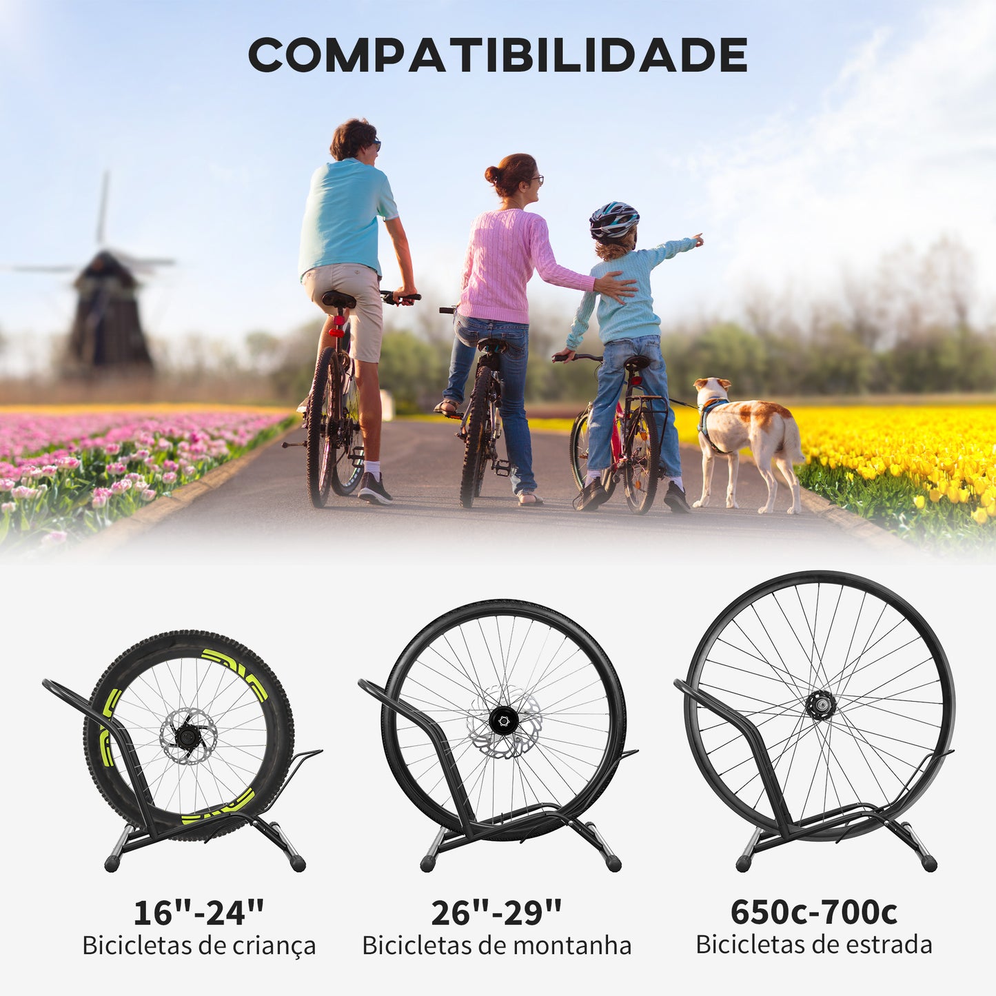 SPORTNOW Estacionamento para Bicicletas Suporte para Bicicletas de Aço Estacionamento de Bicicletas de Chão Portátil para Interior e Exterior 59x41x38 cm Preto