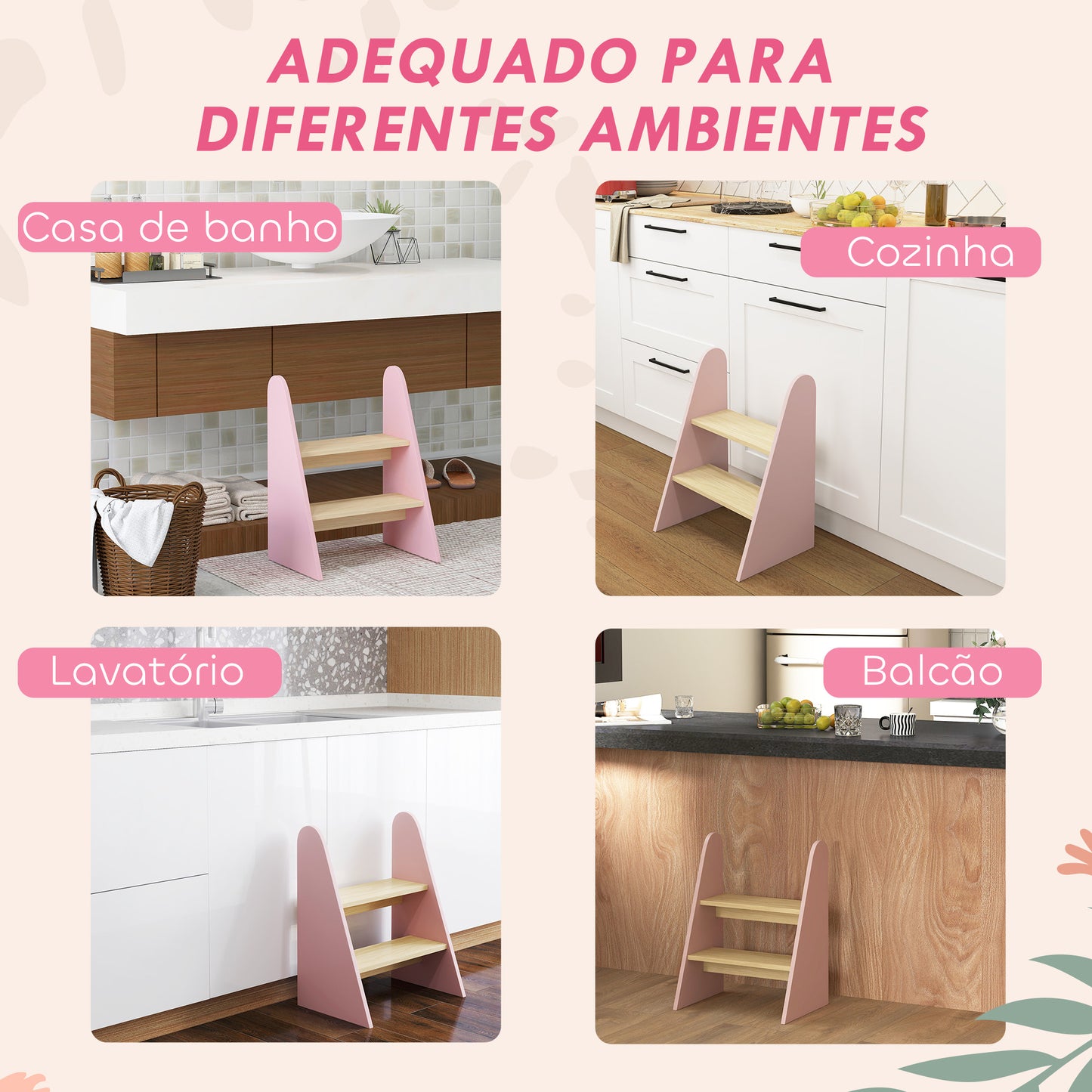 AIYAPLAY Banco para Crianças de 2 Degraus Torre de Aprendizagem Escada para Crianças acima de 3 Anos para Casa de Banho Cozinha Estante Dormitório 43x30x55 cm Rosa