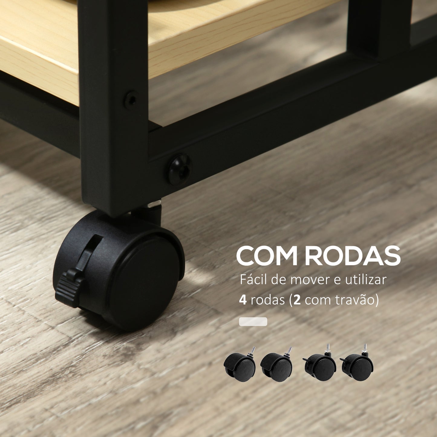 Mesa Auxiliar com Rodas Mesa Lateral em Forma de C para Sofá Cama com 2 Prateleiras e Freios para Dormitório Sala de Estar Estilo Moderno 60x34,5x64,5cm Madeira