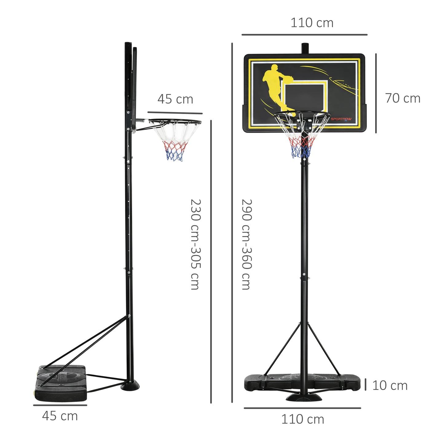 SPORTNOW Tabela de Basquetebol com Rodas Altura Ajustável 230-305cm Cesta de Basquetebol com Suporte Tabela de PE e Base Recarregável para Exteriores 110x45x290-360cm Preto e Amarelo