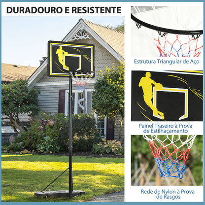 SPORTNOW Tabela de Basquetebol com Rodas Altura Ajustável 230-305cm Cesta de Basquetebol com Suporte Tabela de PE e Base Recarregável para Exteriores 110x45x290-360cm Preto e Amarelo