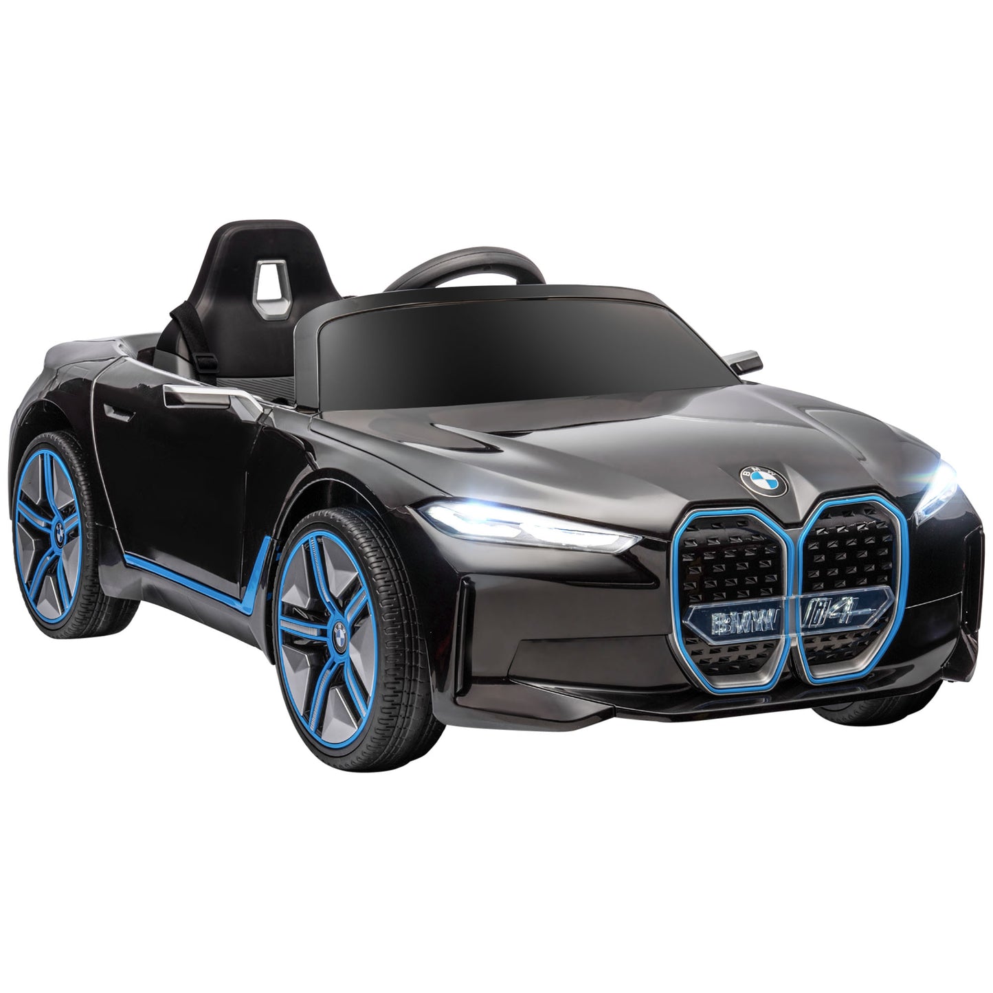 HOMCOM Carro Elétrico para Crianças 37-72 Meses com Licença BMW i4 Carro a Bateria 12V com Controlo Remoto Música MP3 Ecrã Luzes e Cinto de Segurança 115x67x45 cm Preto