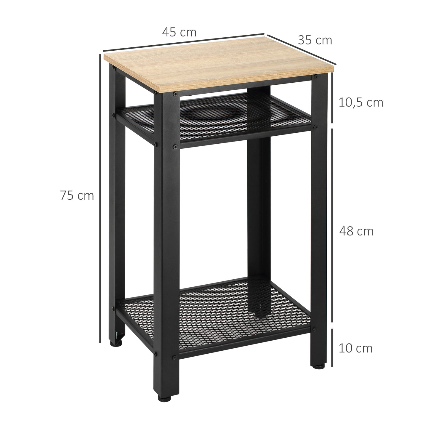 HOMCOM Mesa Auxiliar Mesa de Cabeceira Estilo Industrial com 2 Prateleiras de Grade de Metal e Pés Ajustáveis 45x35x75cm Carvalho e Branco