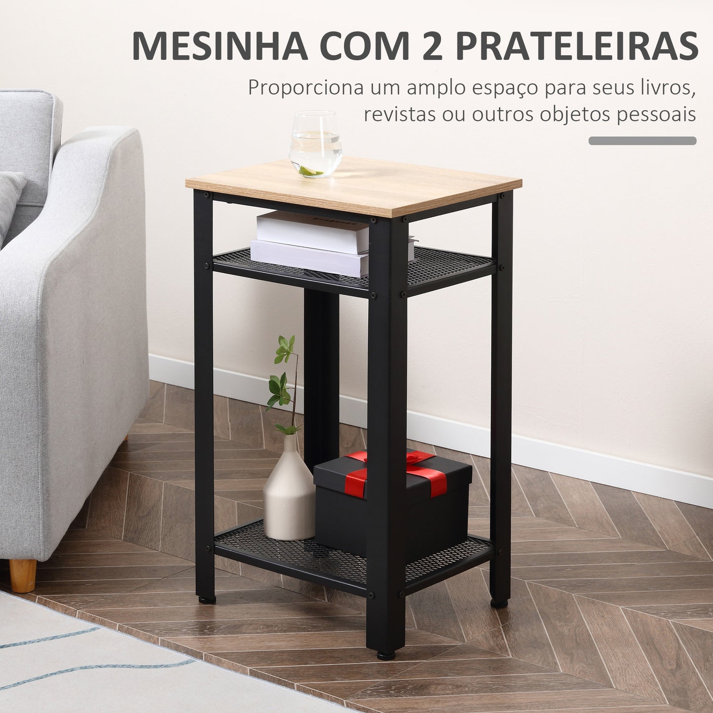 HOMCOM Mesa Auxiliar Mesa de Cabeceira Estilo Industrial com 2 Prateleiras de Grade de Metal e Pés Ajustáveis 45x35x75cm Carvalho e Branco