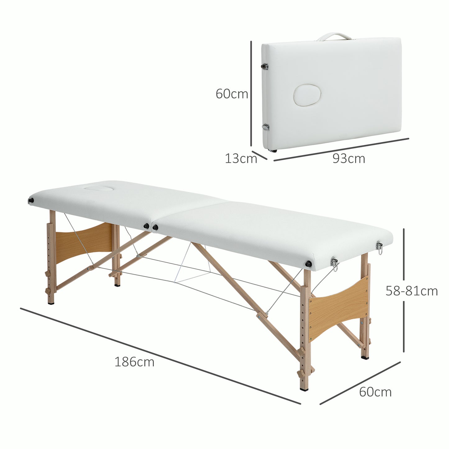 Marquesa de Massagem Dobrável Mesa de Massagem Portátil com Apoio para a Cabeça Estrutura de Madeira Altura Ajustável e Bolsa de Transporte 186x60x58-81 cm Creme