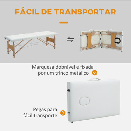 Marquesa de Massagem Dobrável Mesa de Massagem Portátil com Apoio para a Cabeça Estrutura de Madeira Altura Ajustável e Bolsa de Transporte 186x60x58-81 cm Creme