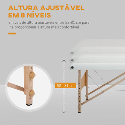 Marquesa de Massagem Dobrável Mesa de Massagem Portátil com Apoio para a Cabeça Estrutura de Madeira Altura Ajustável e Bolsa de Transporte 186x60x58-81 cm Creme