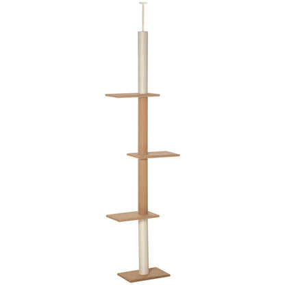 PawHut Arranhador para Gatos de Chão ao Teto 43x27x228-260 cm Torre para Gatos com Altura Ajustável 4 Plataformas e Poste de Sisal Marrom Claro