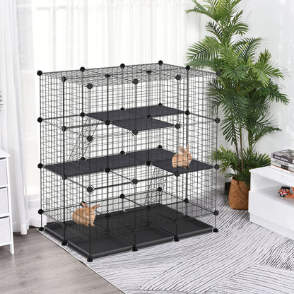 Recinto Metálico para Animais de Estimação DIY Recinto para Pequenos Animais com 3 Níveis 4 Portas Grandes e 6 Bandejas Amovíveis 111x75x119 cm Preto