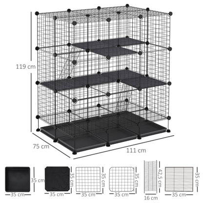 Recinto Metálico para Animais de Estimação DIY Recinto para Pequenos Animais com 3 Níveis 4 Portas Grandes e 6 Bandejas Amovíveis 111x75x119 cm Preto