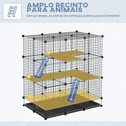 Recinto Metálico para Animais de Estimação DIY Recinto para Pequenos Animais com 3 Níveis 4 Portas Grandes e 6 Bandejas Amovíveis 111x75x119 cm Preto