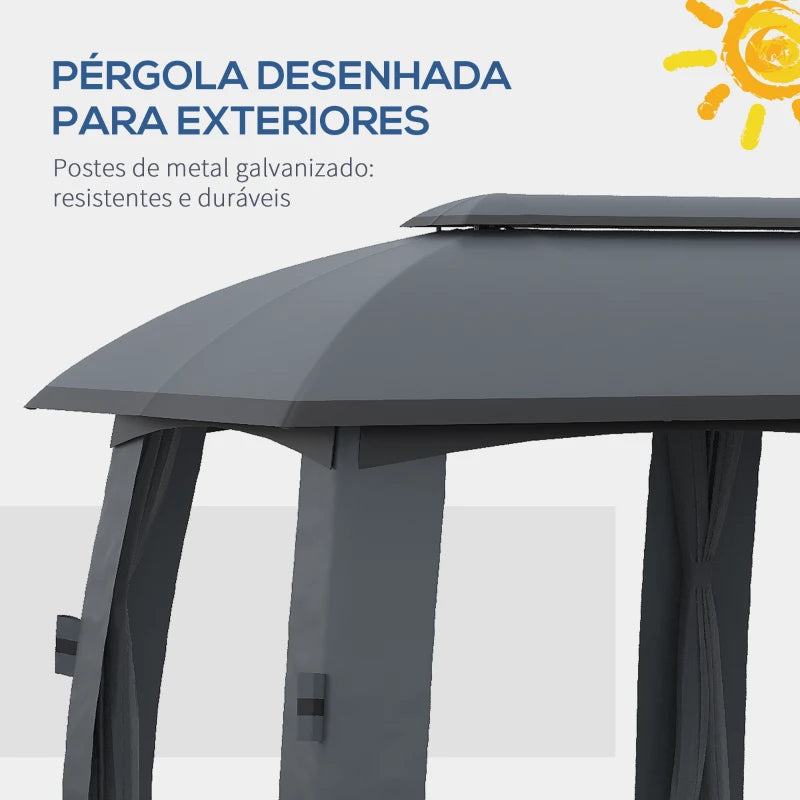 Pérgola de Jardim 3x6m com Teto Duplo com 6 Telas Mosquiteiras Zíper e Estrutura de Metal Cinza Escuro