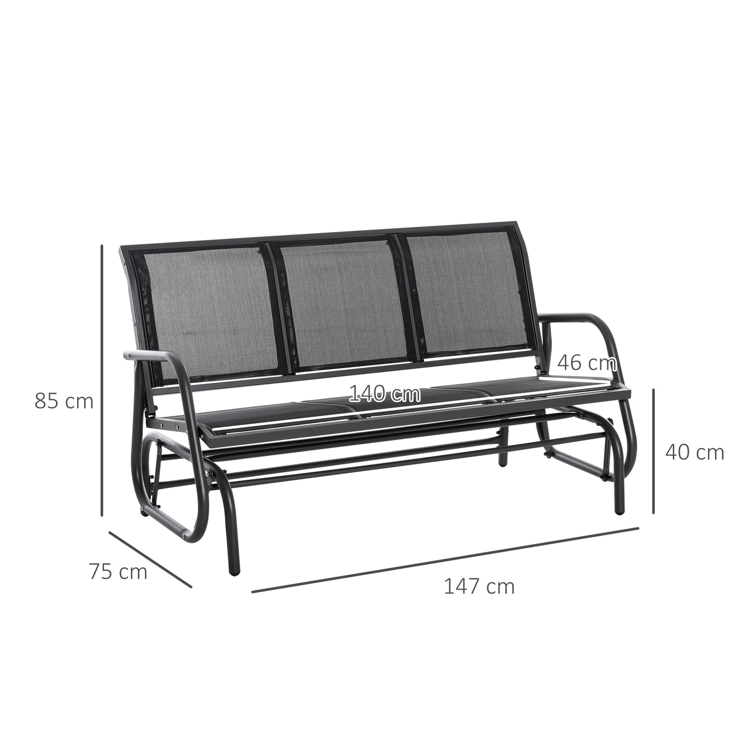 Outsunny Banco de Balanço para Jardim de 3 Lugares Banco de Baloiço para Exterior com Apoios de Braços Capacidade 300 kg para Terraço Varanda Pátio 151x75x85 cm Preto