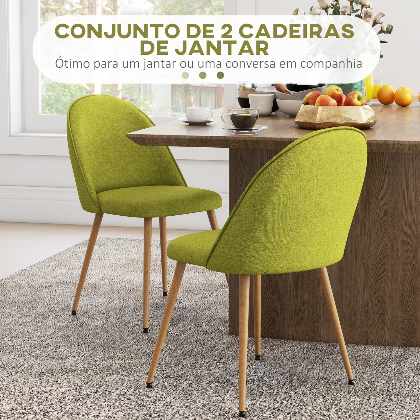 HOMCOM Conjunto de 2 Cadeiras Sala de Jantar Cadeiras de Cozinha Estofadas em Tecido de Linho com Pés de Aço para Sala de Estar Escritório Carga Máxima 120 kg 50x52x83 cm Verde