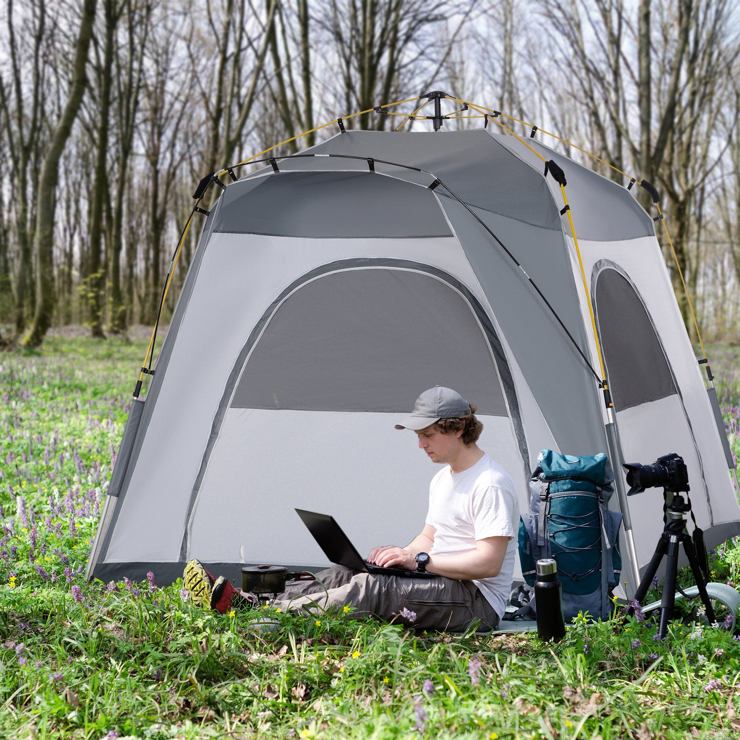 Outsunny Tenda de Campismo para 4 Pessoas Tenda de Campismo Pop UP com 4 Janelas 2 Bolsos de Armazenamento e Bolsa de Transporte 240x240x199 cm Cinza