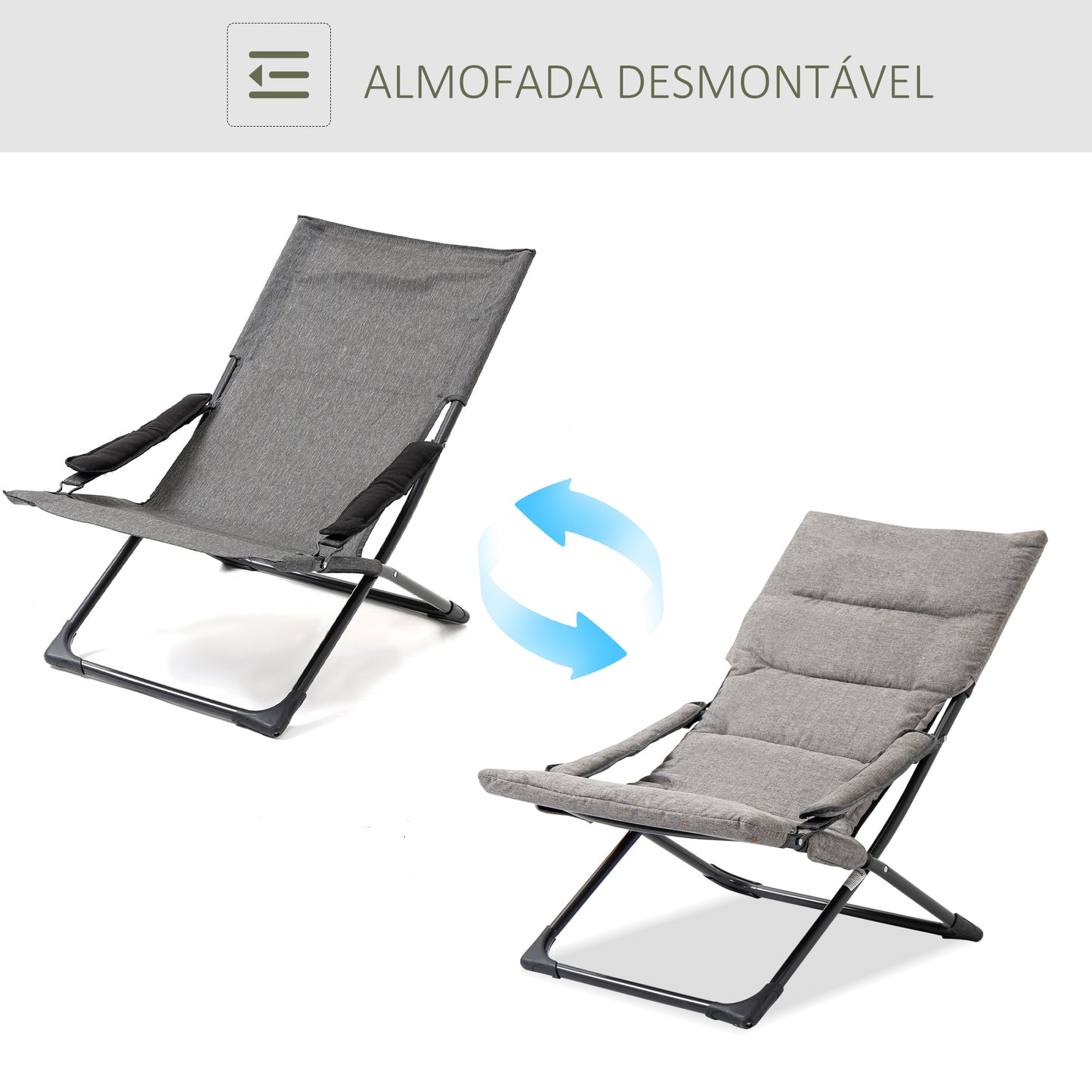 Outsunny Cadeira de Campismo Dobrável Cadeira de Jardim Portátil com Almofada Acolchoada Removível e Apoio para os Braços Estrutura de Aço para Terraço Praia Exterior 66x94x79cm Cinza