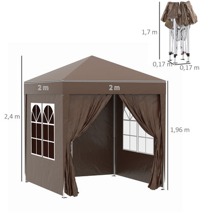 Outsunny Tenda Dobrável 2x2 m Tenda de Jardim com 4 Paredes Laterais Tecido Oxford 2 Portas 2 Janelas e Bolsa de Transporte para Exterior Terraço Campismo Festas Marrom