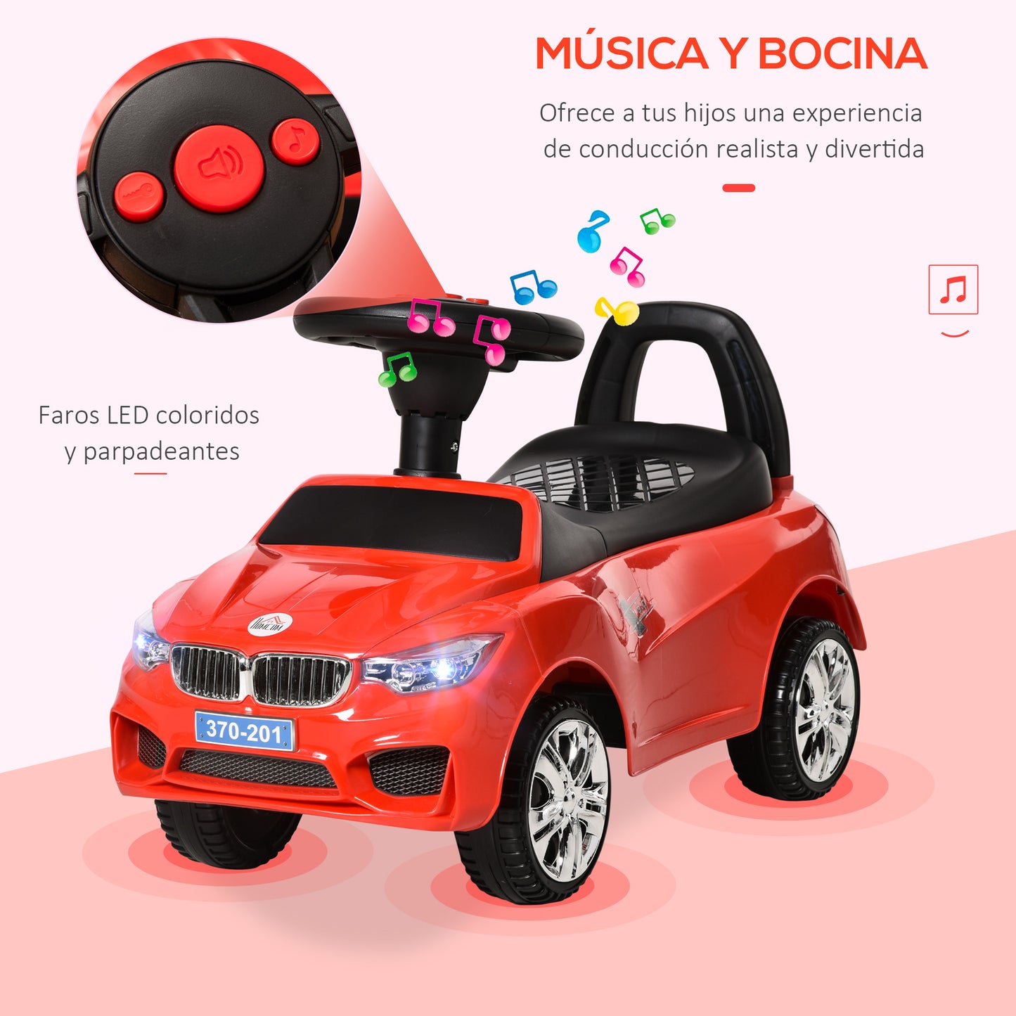 HOMCOM Carro Andador para Crianças de 18-36 Meses com Faróis Música Buzina Volante Compartimento de Armazenamento e Alça para Empurrar 63,5x28x36 Vermelho