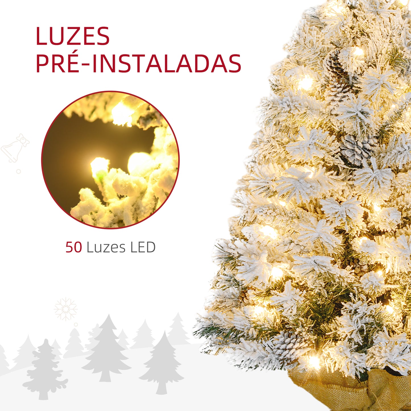 HOMCOM Árvore de Natal 90 cm Árvore de Natal Artificial Nevado com 50 Luzes LED 133 Ramos 14 Pinhas e Suporte de Metal Árvore Natalícia para Sala Interior Verde