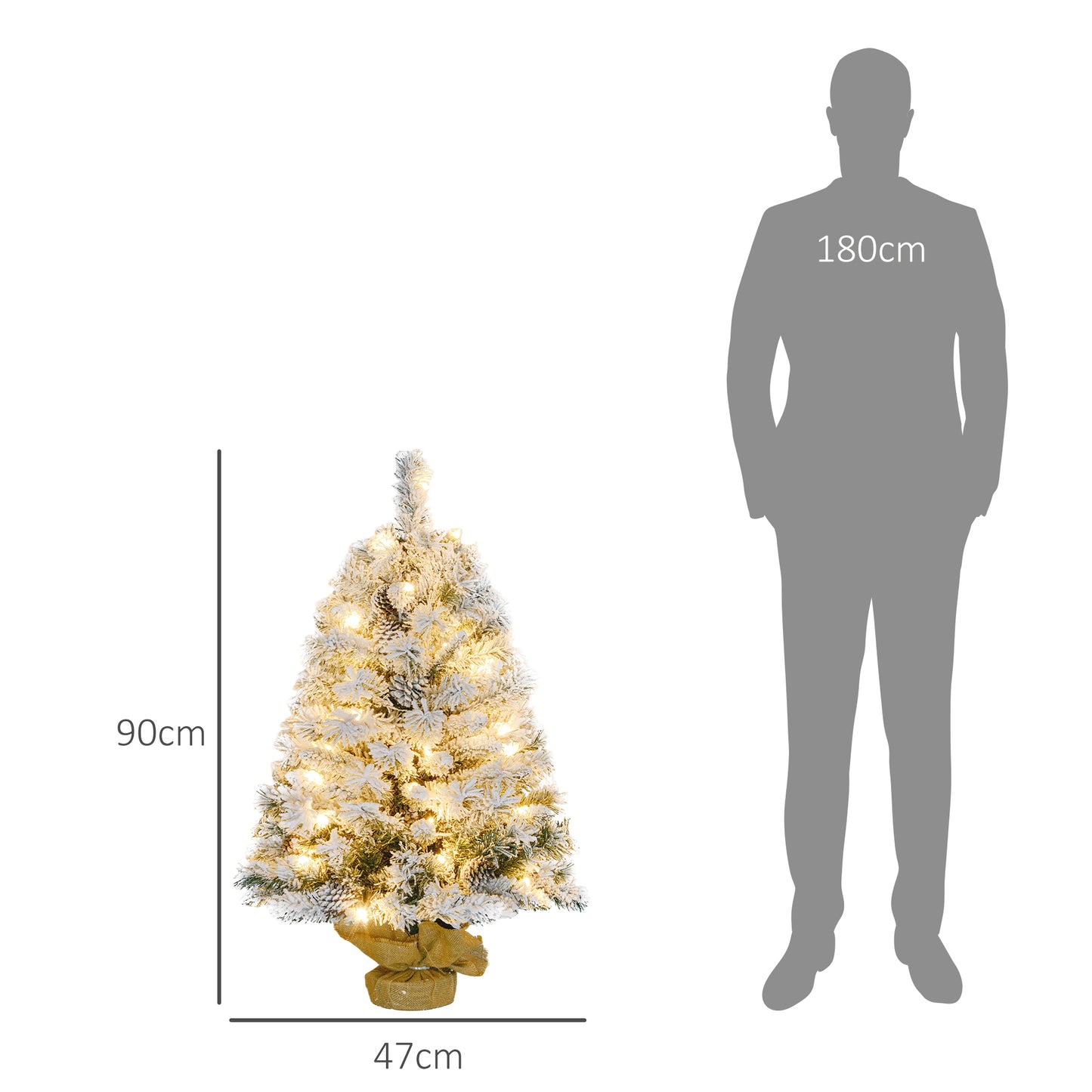 HOMCOM Árvore de Natal 90 cm Árvore de Natal Artificial Nevado com 50 Luzes LED 133 Ramos 14 Pinhas e Suporte de Metal Árvore Natalícia para Sala Interior Verde