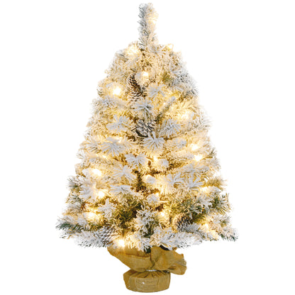 HOMCOM Árvore de Natal 90 cm Árvore de Natal Artificial Nevado com 50 Luzes LED 133 Ramos 14 Pinhas e Suporte de Metal Árvore Natalícia para Sala Interior Verde